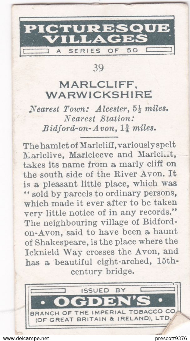 39 Marlcliff - Picturesque Villages 1936 - Ogdens  Cigarette Card - Original - Photographic - Ogden's
