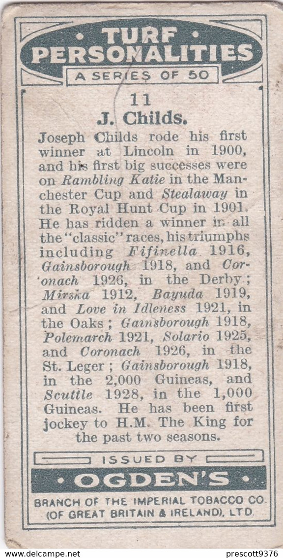 11 Joseph Childs - Turf Personalities 1929 - Ogdens  Cigarette Card - Original - Sport - Horse Racing - Ogden's