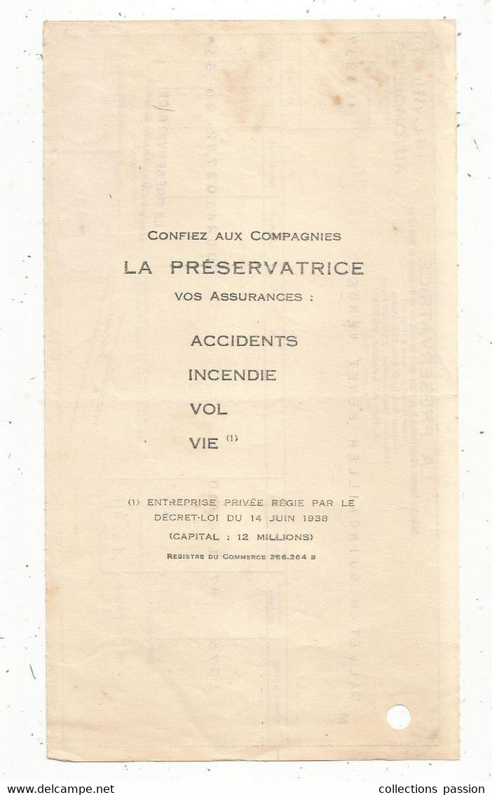 FACTURE ,assurances , LA PRESERVATRICE, 1939 ,quincailler ,BENET ,Vendée, Frais Fr 1.65 E - Bank & Insurance