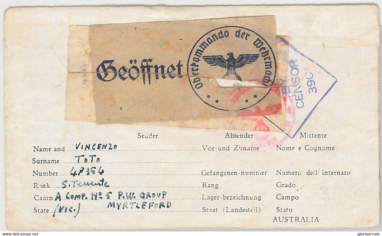 51776 - AUSTRALIA -  POSTAL HISTORY  -  ITALIAN PRISONER OF WAR POW 1944 Cover - Brieven En Documenten