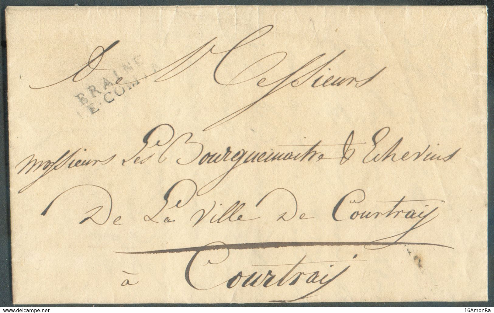 LAC écrite De ECAUSSINES le 5 Septembre 1828 Via (griffe Noire) BRAINE LE-COMTE (29x7mm) En Franchise Vers Courtray. - T - 1815-1830 (Dutch Period)