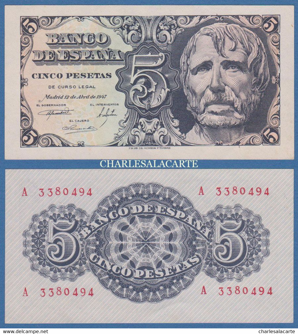 1947 SPAIN  5 PESETAS  PORTRAIT OF SENECA   SERIAL No. A 3380494   PICK 134a  EXCELLENT  CONDITION - 5 Peseten