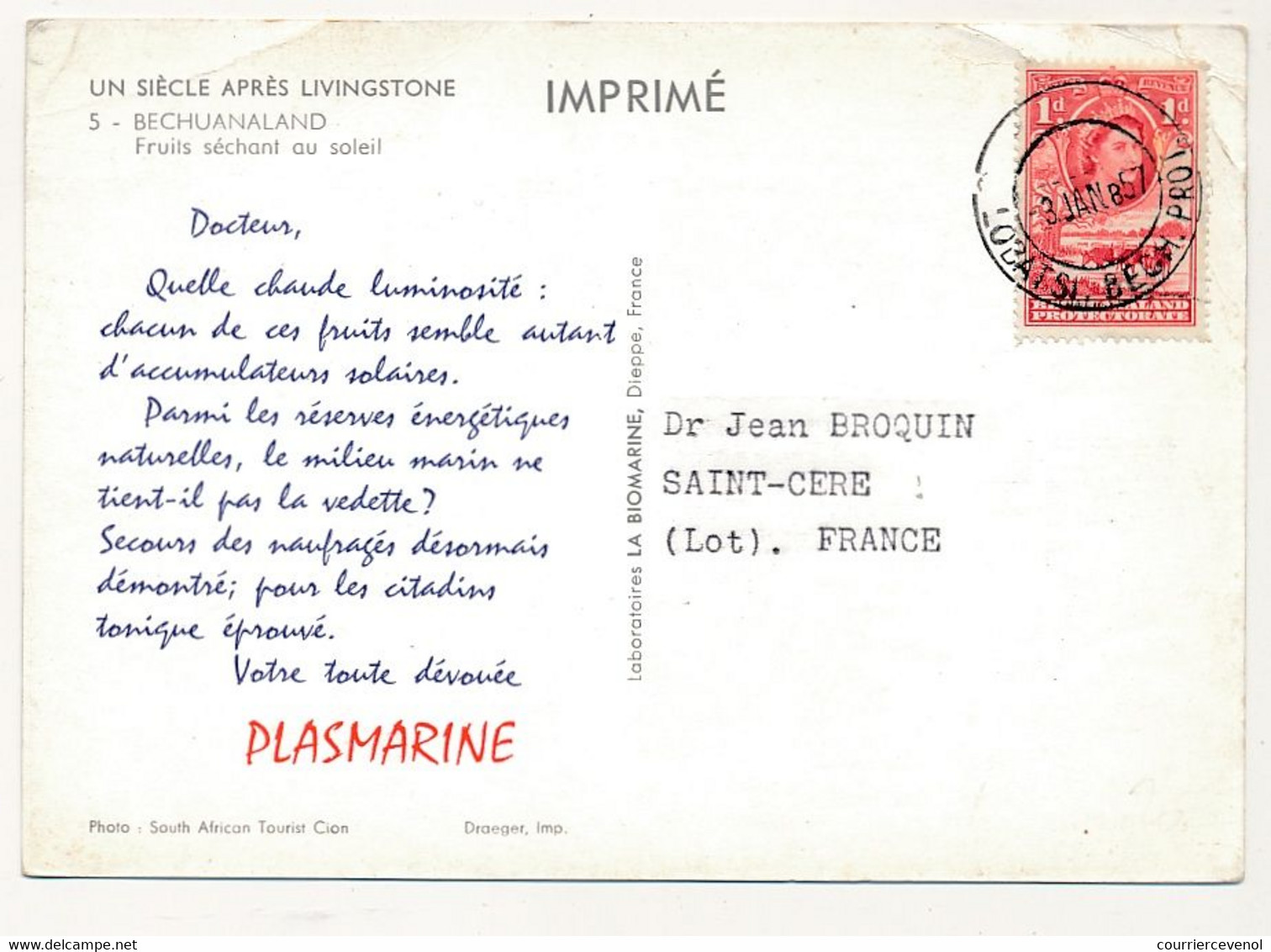 BECHUANALAND - Carte Postale Publicitaire "PLASMARINE" - 3/01/1957 - 1885-1964 Protectorat Du Bechuanaland