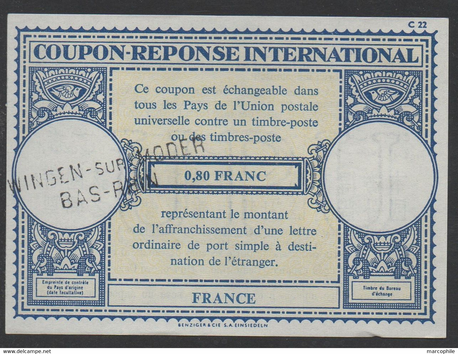 IAS - IRC - CRI / ALSACE - WINGEN - FRANCE  COUPON REPONSE INTERNATIONAL  (ref 7470) - Coupons-réponse