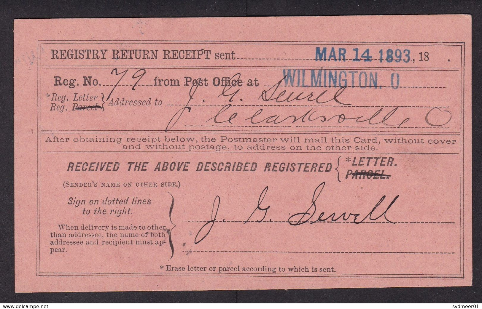 USA: Official Business Return Receipt Postcard, 1893, Post Office, Rare Cancel Clarksville Ohio (traces Of Use) - Service