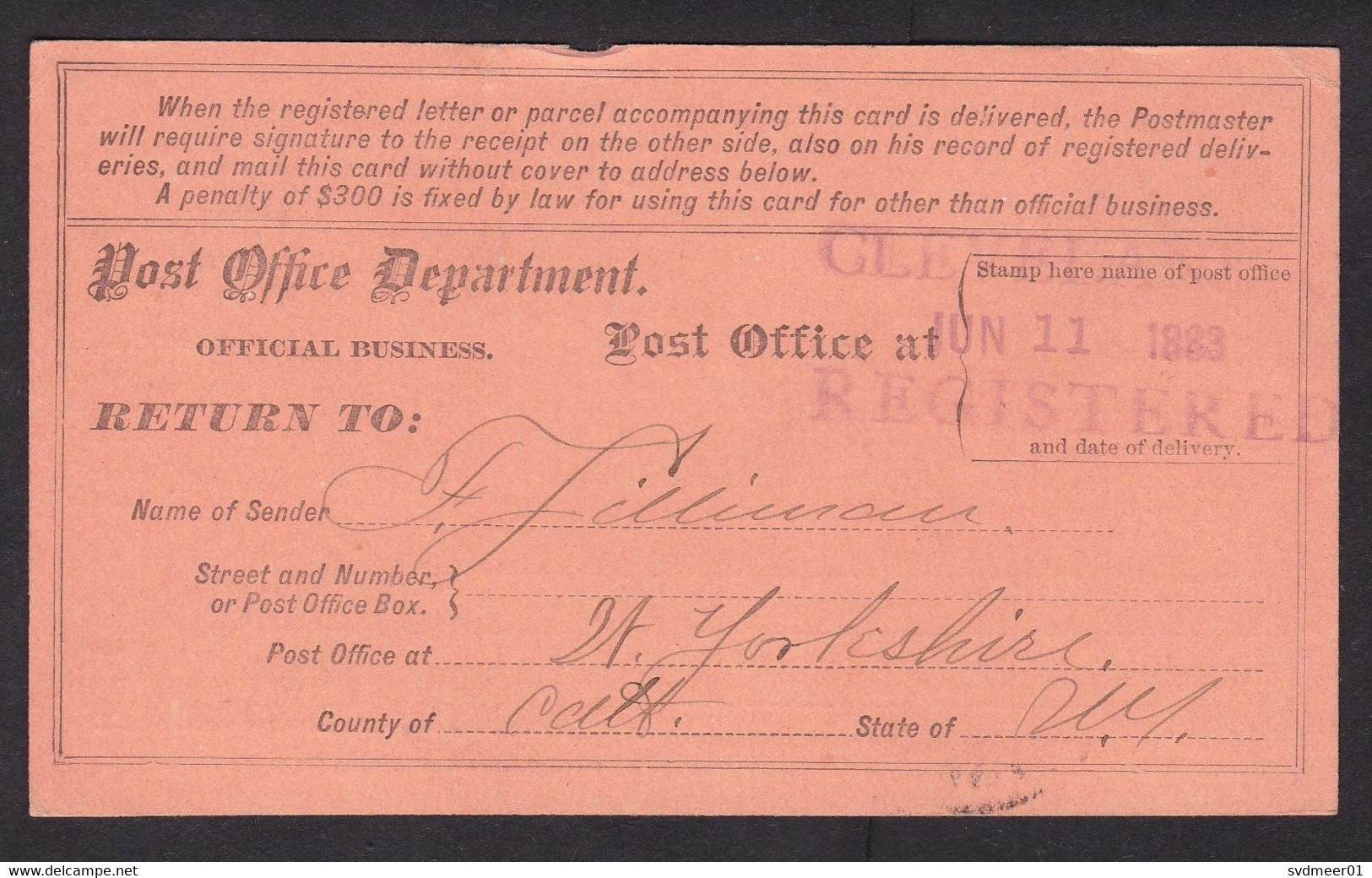 USA: Official Business Return Receipt Postcard, 1883, Post Office, Purple Cancel Cleveland (minor Damage) - Oficial