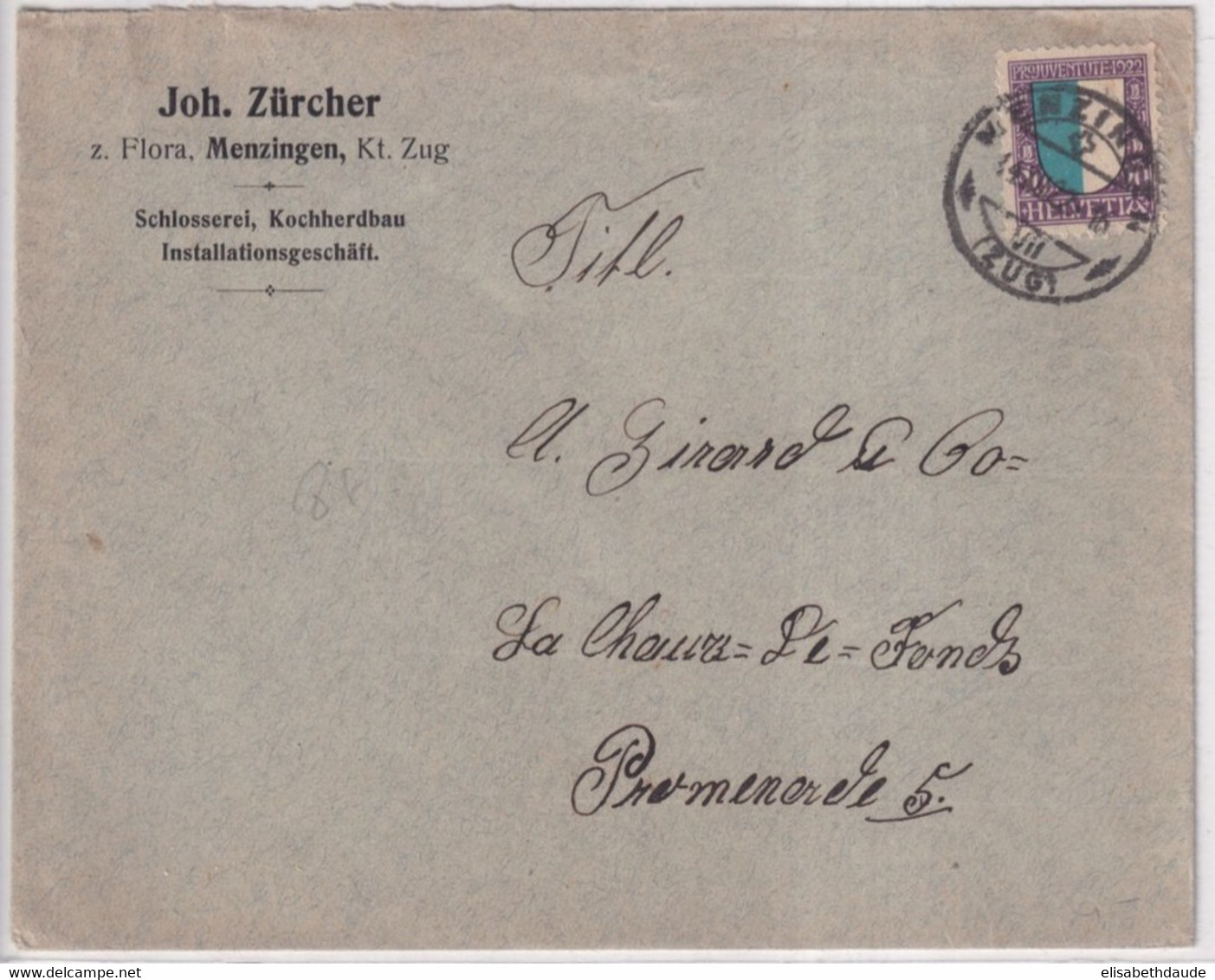 SUISSE - 1922 - PRO JUVENTUTE - ENVELOPPE De MENZINGEN => LA CHAUX-DE-FONDS - Covers & Documents