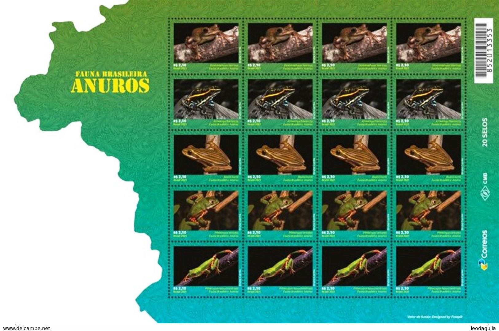 BRAZIL 2021 - FROGS - ANUROS -  TAILLESS AMPHIBIANS -  BRAZILIAN FAUNA  PRESERVATION - FULL SHEET 20 Stamps  MINT - Unused Stamps