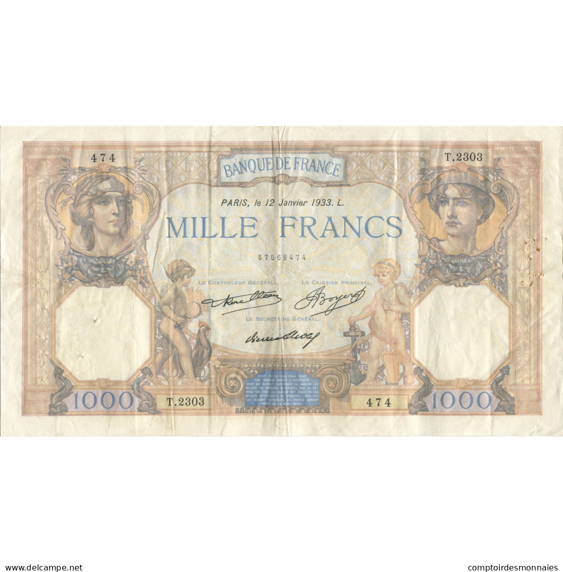 France, 1000 Francs, Cérès Et Mercure, 1933, 1933-01-12, TTB, Fayette:37.8 - 1 000 F 1927-1940 ''Cérès Et Mercure''