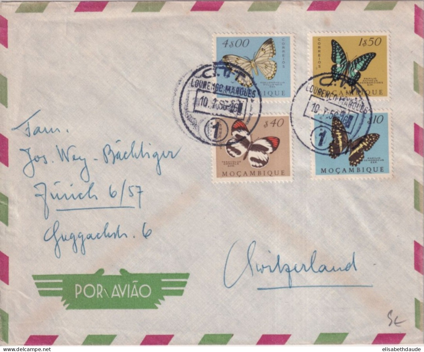 MOZAMBIQUE - 1956 - PAPILLONS ! - ENVELOPPE Par AVION De LOURENCO MARQUES => SUISSE - Mozambique