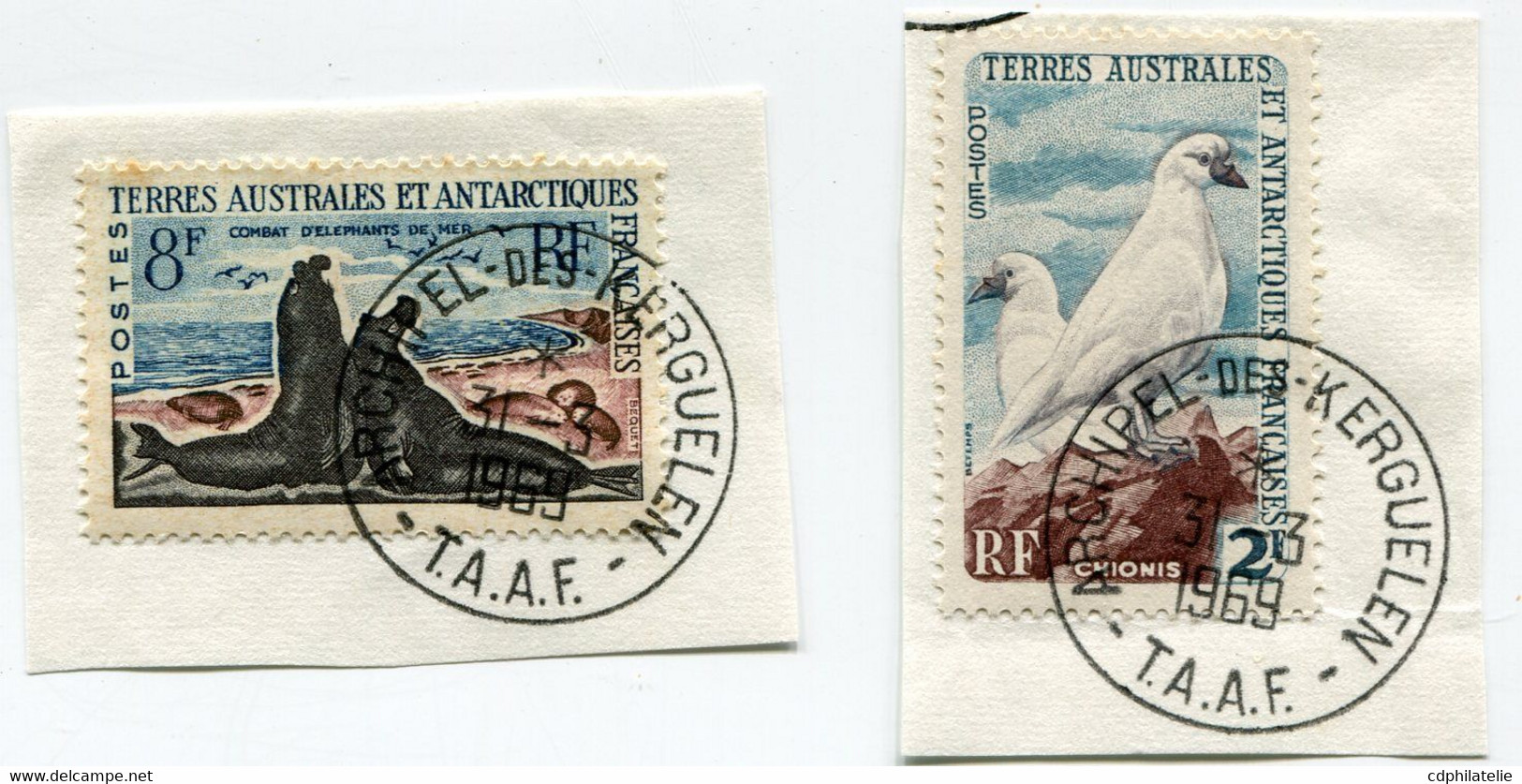 T. A. A. F. N°13A CHIONIS OBL. ARCHIPEL-DES-KERGUELEN 31-3-1969 ET N°13C COMBAT D'ELEPHANTS DE MER OBL. ARCHIPEL-DES-.. - Gebruikt