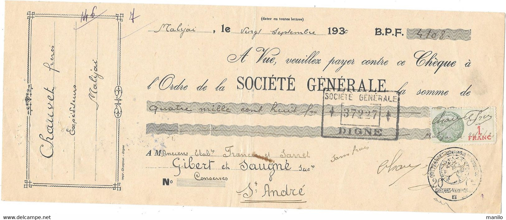Chèques And Chèques De Voyage Cheque 1930 Chauvet Frères Expéditeurs Malijai Gibert 7943