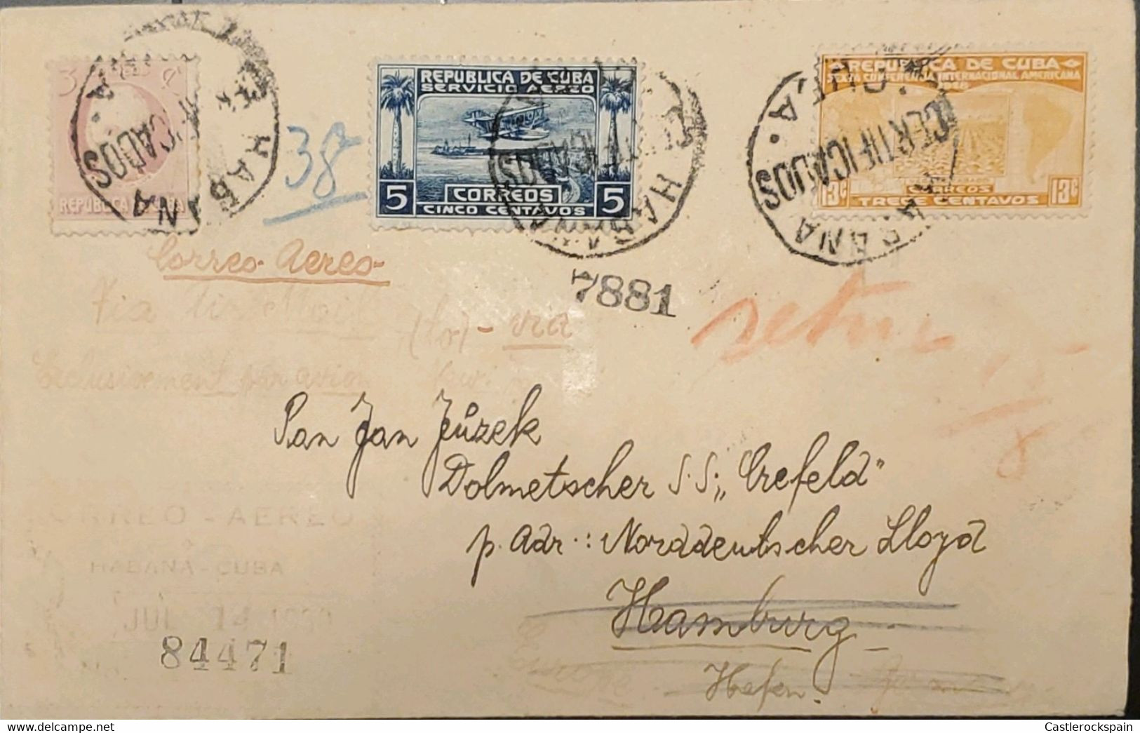 O) 1918 CUBA, CARIBBEAN, JOSE DE LA LUZ CABALLERO, TOBACCO PLANTATION, PAN AMERICAN CONFERENCE, SEAPLANE, VIA AIRMAIL, X - Briefe U. Dokumente