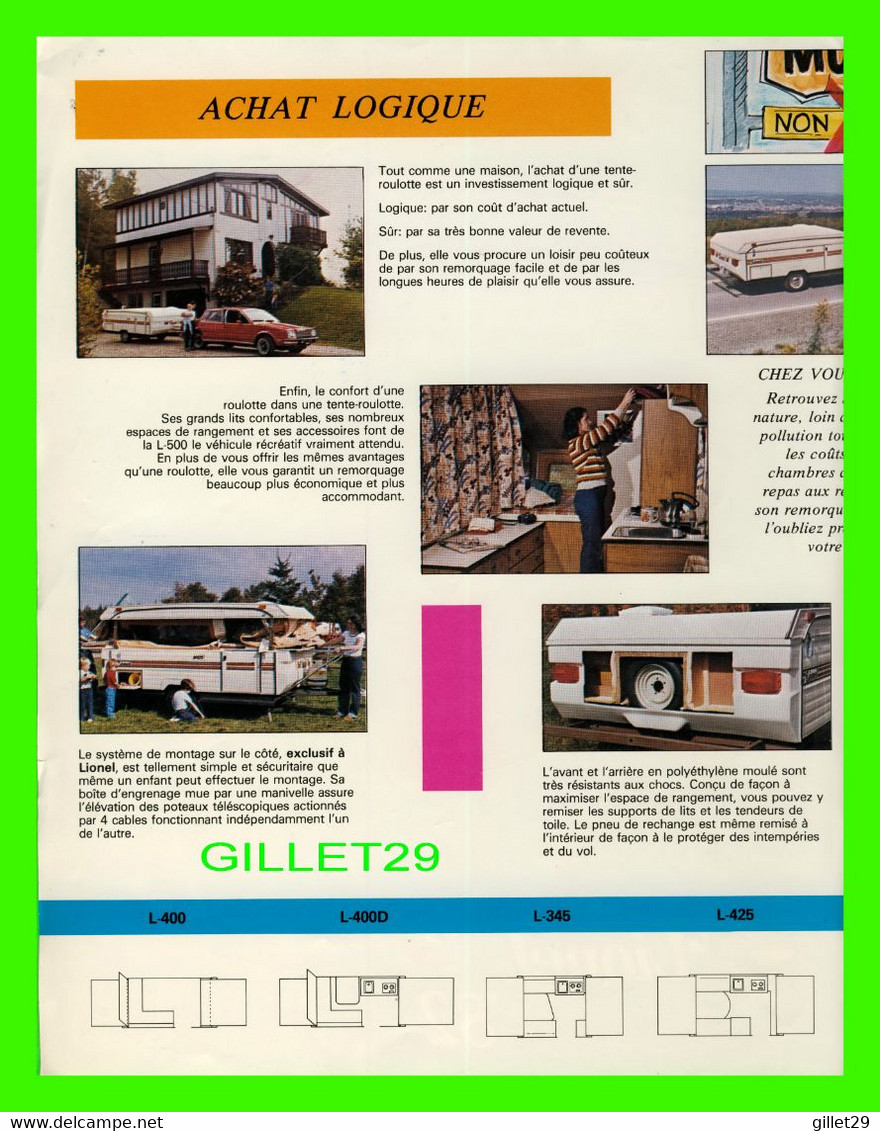 BROCHURE TENTE-ROULOTTE LIONEL 1982 POUR CAMPING (FRANÇAIS) - 4 PAGES - DIMENSION 22 X 28 Cm - - Camping