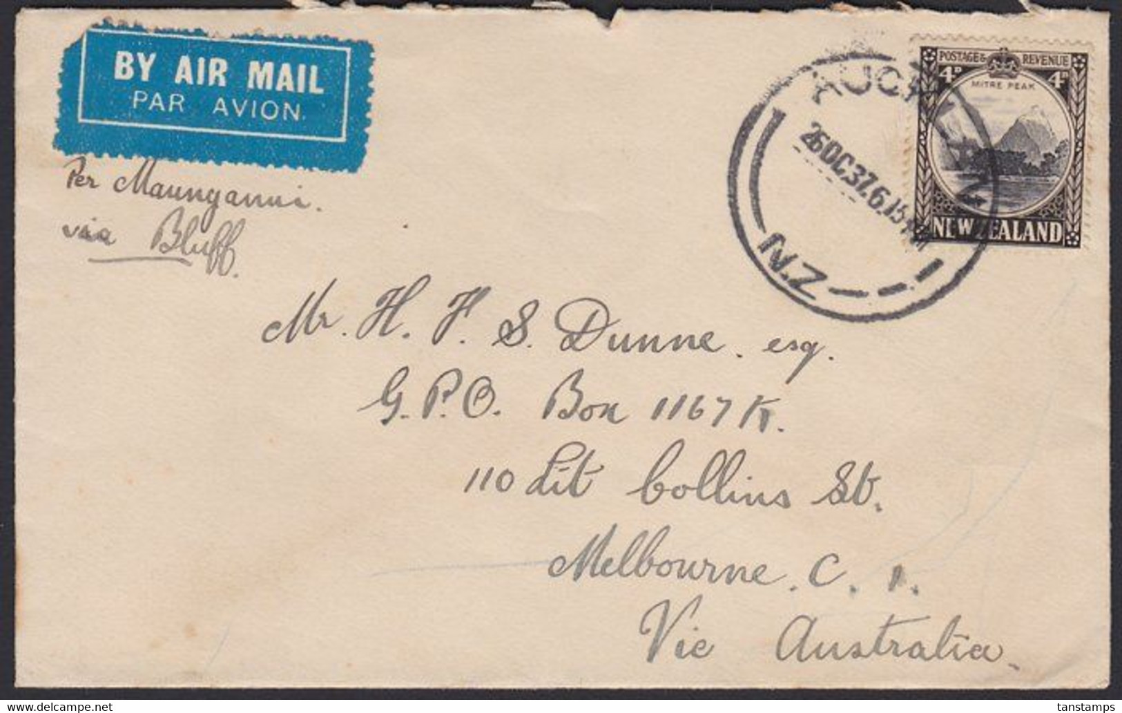 1935 4d MITRE PEAK SINGLE USE TO AUSTRALIA - Covers & Documents