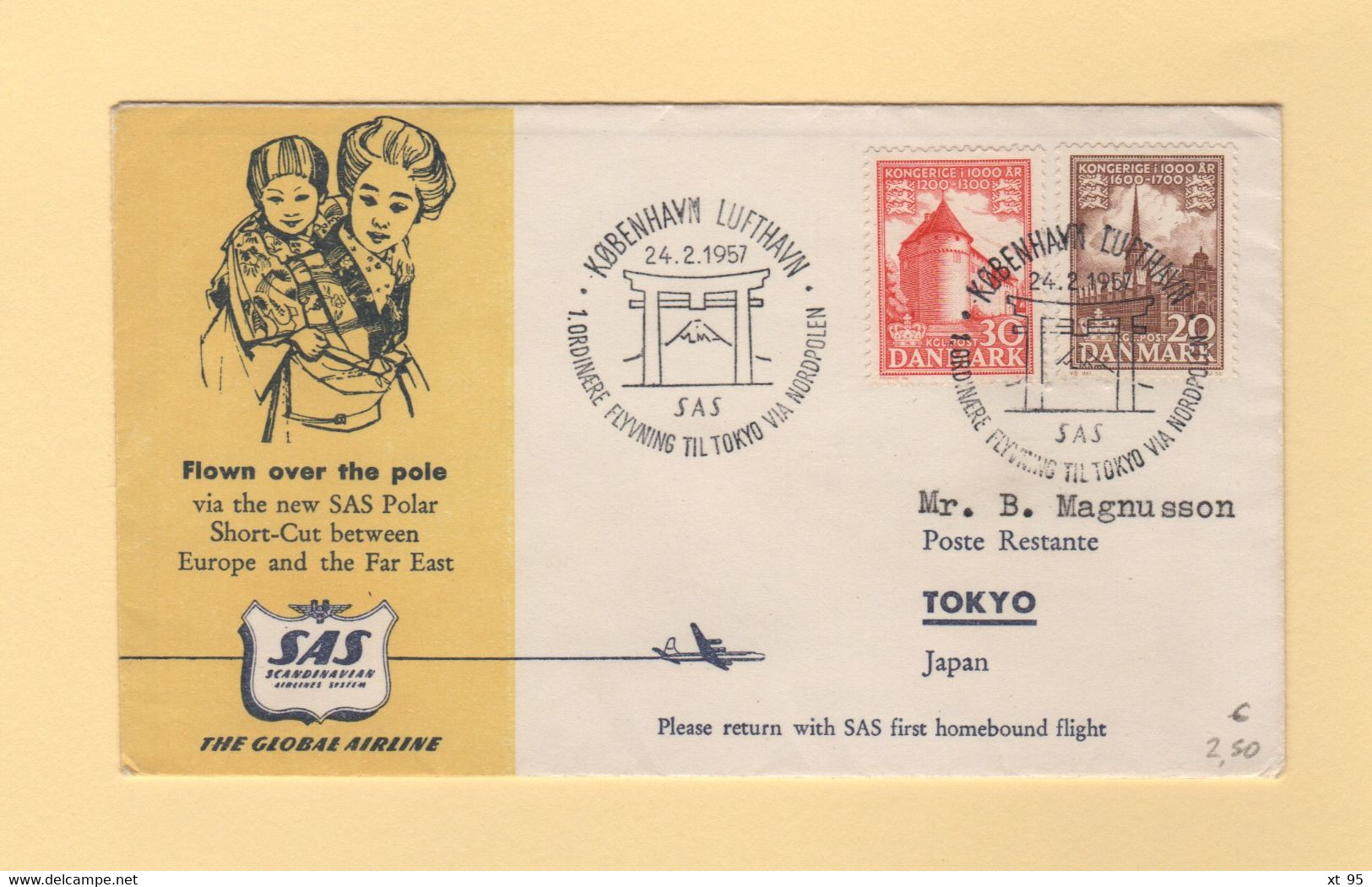 Danemark - 1957 - 1er Vol Copenhague Japon - Airmail