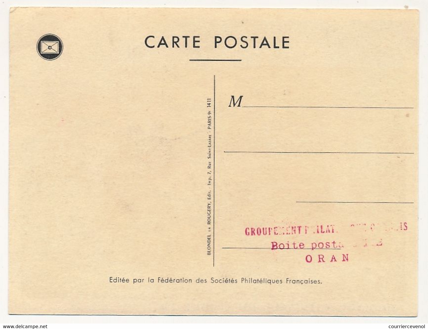 FRANCE => Carte Fédérale - Journée Du Timbre 1957 - Service Maritime Postal - ORAN - 16 Mars 1957 - Maximum Cards