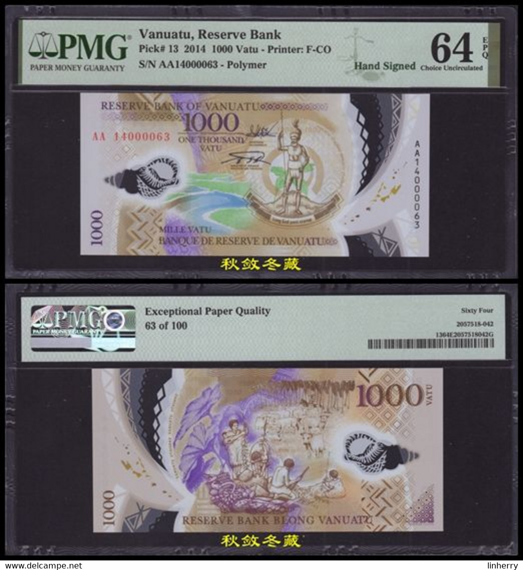 Vanuatu 200-5000 Vatu (2014-2020), Handsigned, Low S/N #63, Polymer, PMG64-68 - Vanuatu