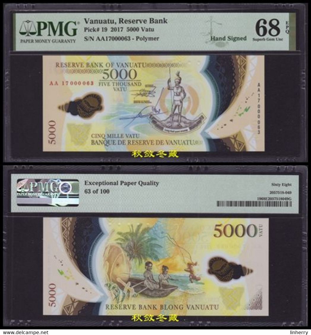 Vanuatu 200-5000 Vatu (2014-2020), Handsigned, Low S/N #63, Polymer, PMG64-68