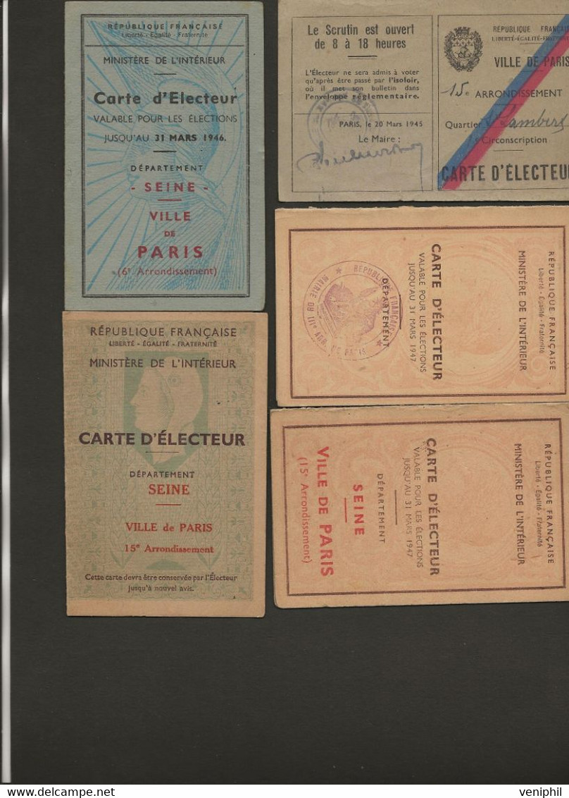 5 CARTES D'ELECTEUR VILLE DE PARIS -ANNEES 1945-1946-1947 X 2 - 1951 - Unclassified