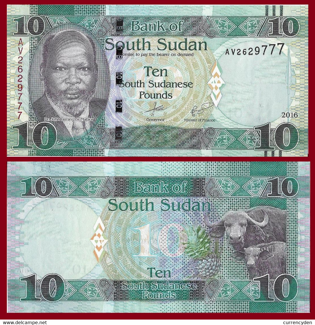 South Sudan P12b, 10 Pounds, Dr John De Mabior / Buffalos, Pineapple UNC $3CV - Soudan Du Sud