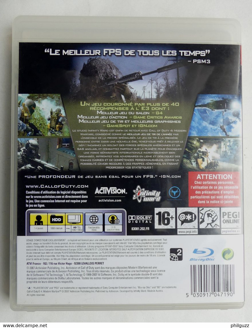 JEU PLAYSTATION PS3 CALL OF DUTY 4 MODERN WARFARE   AVEC BOITIER ET LIVRET - PS3