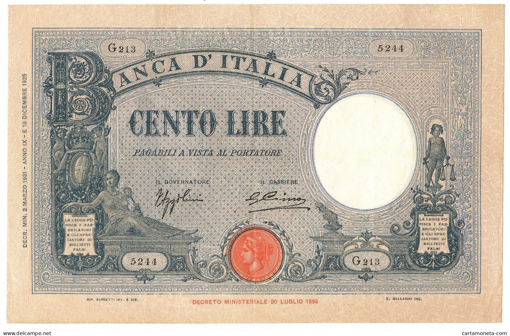 100 LIRE BARBETTI GRANDE B AZZURRO TESTINA FASCIO 02/03/1931 BB+ - Otros