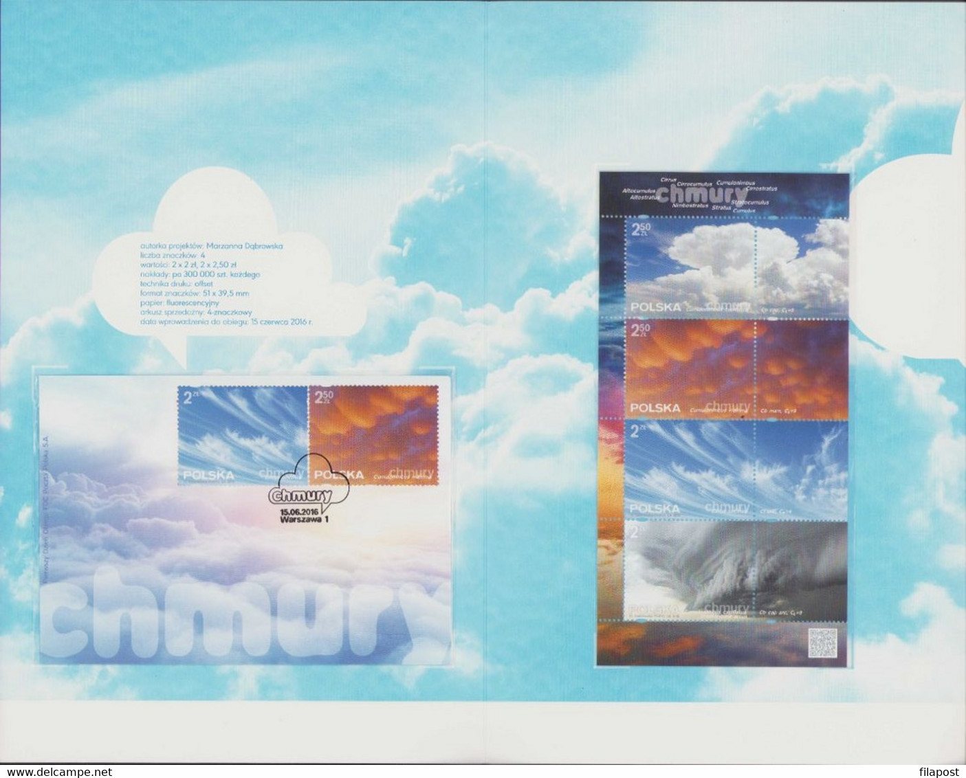 2016 Poland Beautiful Booklet / Clouds, Sky, Cumulonimbus, Cirrus, Weather, Nature, Cloud / 2 FDC + Mini Sheet MNH**FV - Libretti