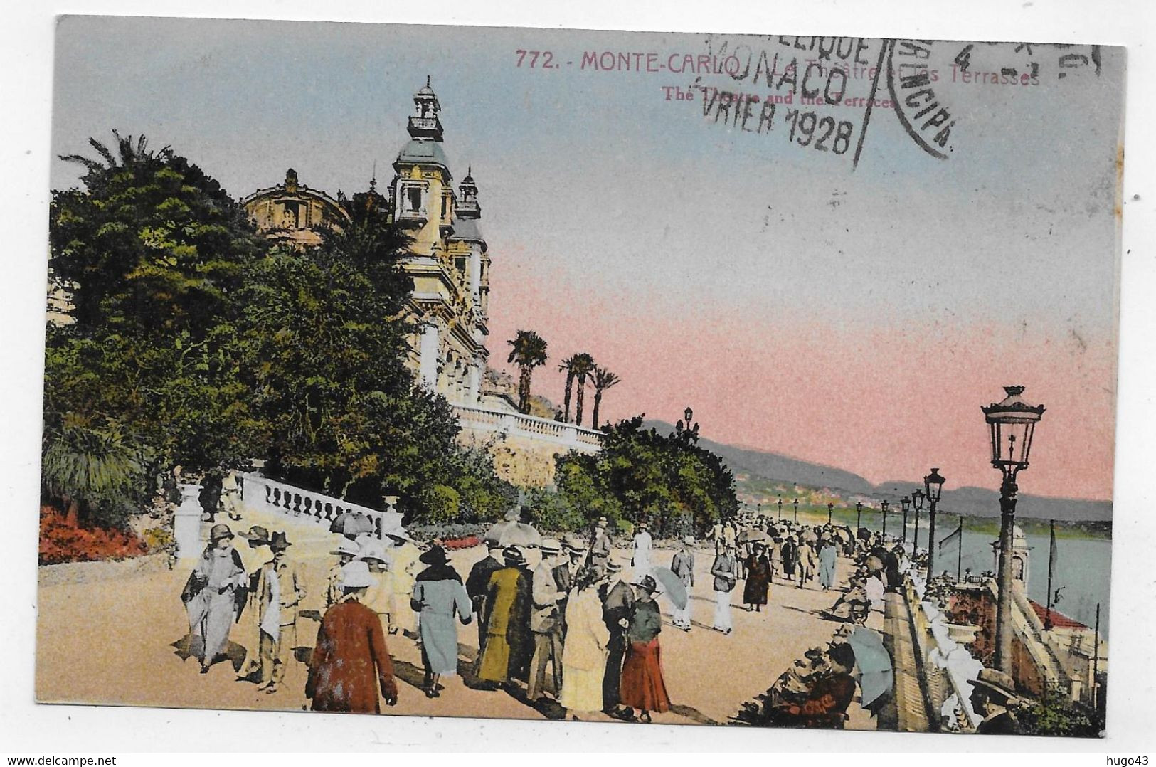 (RECTO / VERSO) MONTE CARLO EN 1928 - N° 772 - THEATRE ET TERRASSES - CPA COULEUR VOYAGEE - Opéra & Théâtre