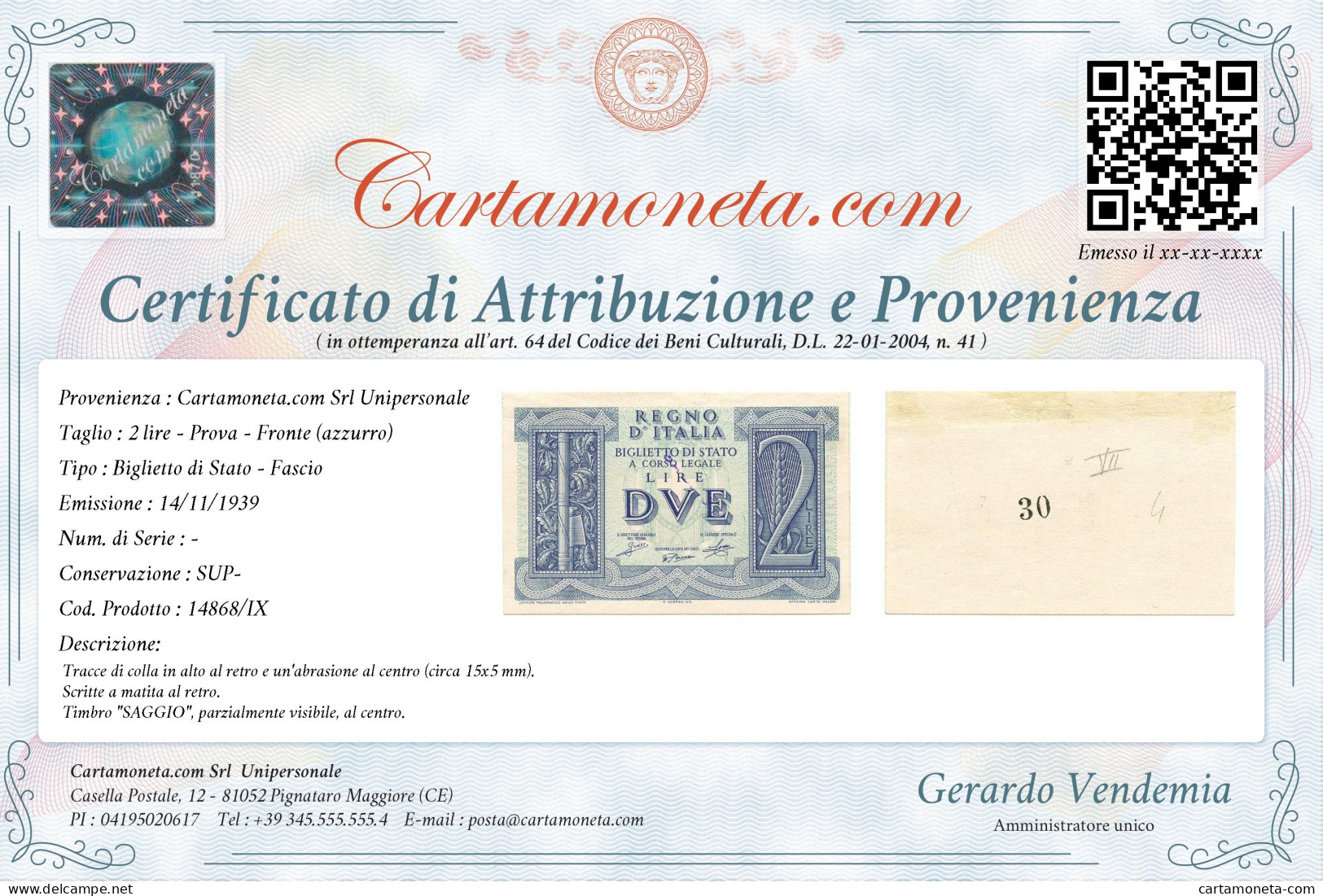 2 LIRE PROVA FRONTE (AZZURRO) BIGLIETTO DI STATO FASCIO 14/11/1939 SUP- - Andere