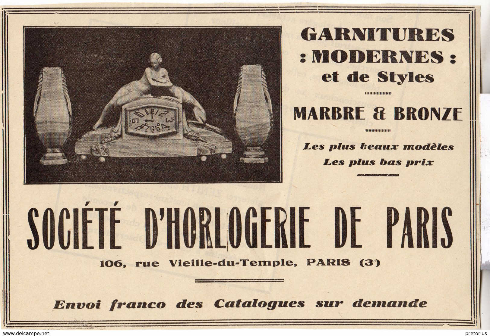 RARE PUB SUR PAPIER - 1930 - SOCIETE D'HORLOGERIE DE PARIS - Wanduhren