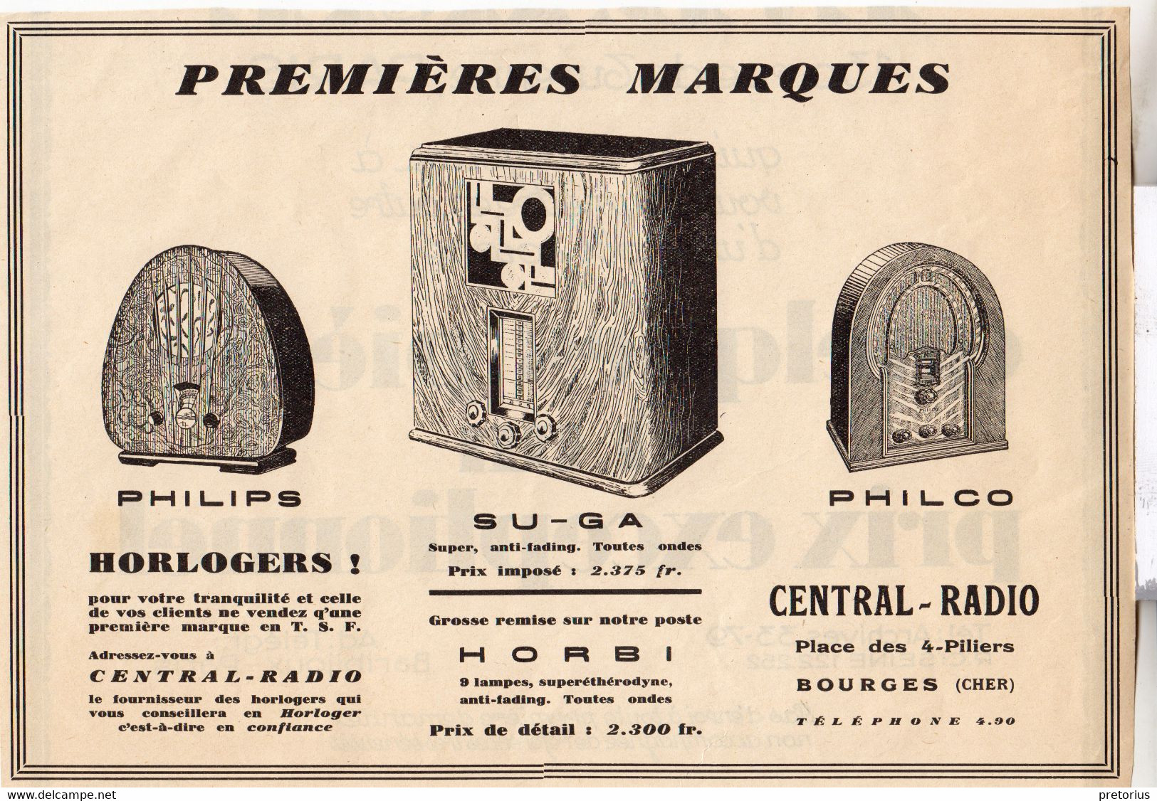 RARE PUB SUR PAPIER - 1930 - HORLOGERS - PHILIPS - PHILCO - SU-GA - CENTRAL RADIO - BOURGES - CHER - Clocks