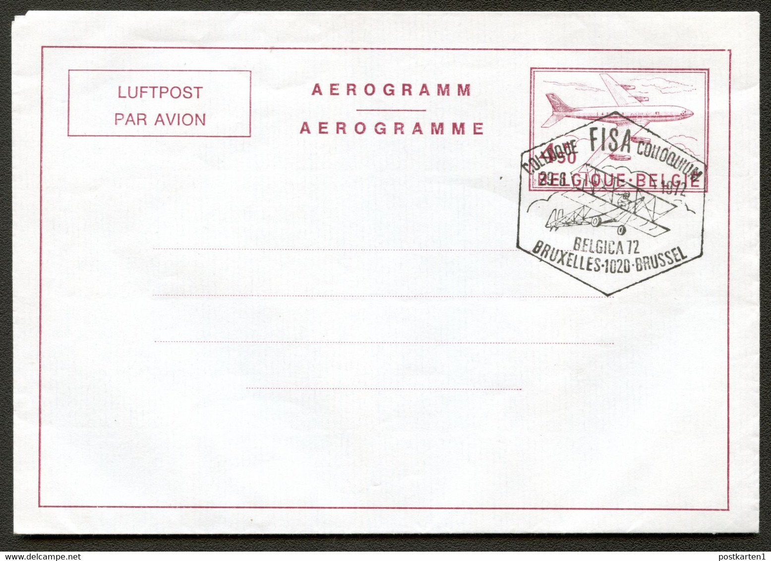 Belgique Aérogrammes #12V Mi. LF12V Cachet Spécial BIPLAN Bruxelles 1972 - Aerograms