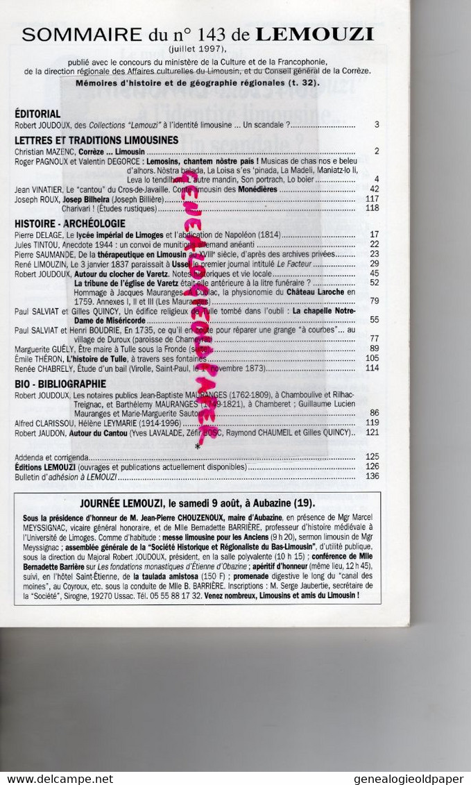 87-19-23- LEMOUZI- N° 143- JUIN 1997-LYCEE IMPERIAL LIMOGES-USSEL LE FACTEUR-TULLE-VARETZ-CHAMEYRAT-CUBLAC-SAINT PAUL- - Limousin