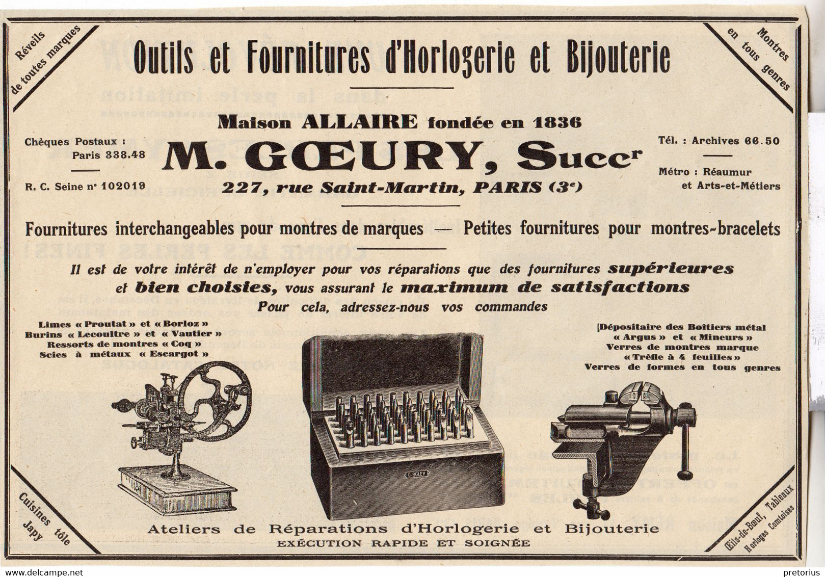 RARE PUB SUR PAPIER - 1927 - OUTILS ET FOURNITURES HORLOGERIE BIJOUTERIE - MAISON ALLAIRE - M. GOEURY - PARIS - Materiales