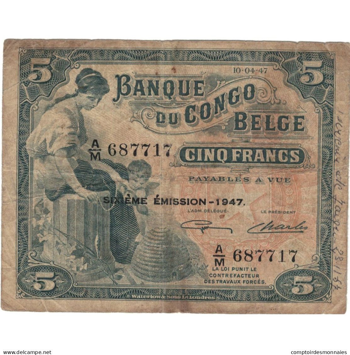 Billet, Congo Belge, 5 Francs, 1947, 1947-04-10, TB - Bank Belg. Kongo