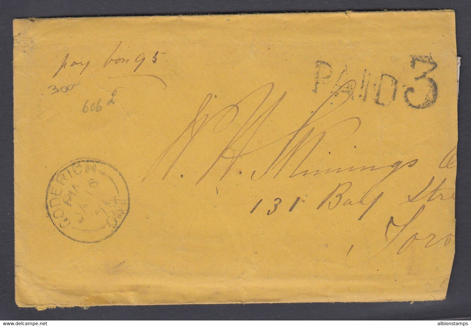 Canada 1871 Stampless Cover, Goderich With "Paid 3" To Toronto - ...-1851 Voorfilatelie