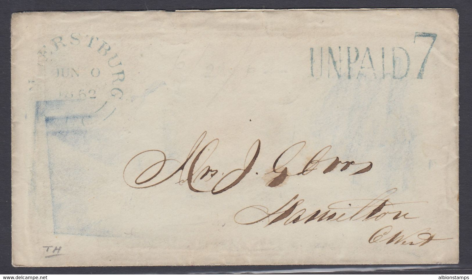 Canada 1852 Stampless cover, Amherstburg "Unpaid 7" to Hamilton