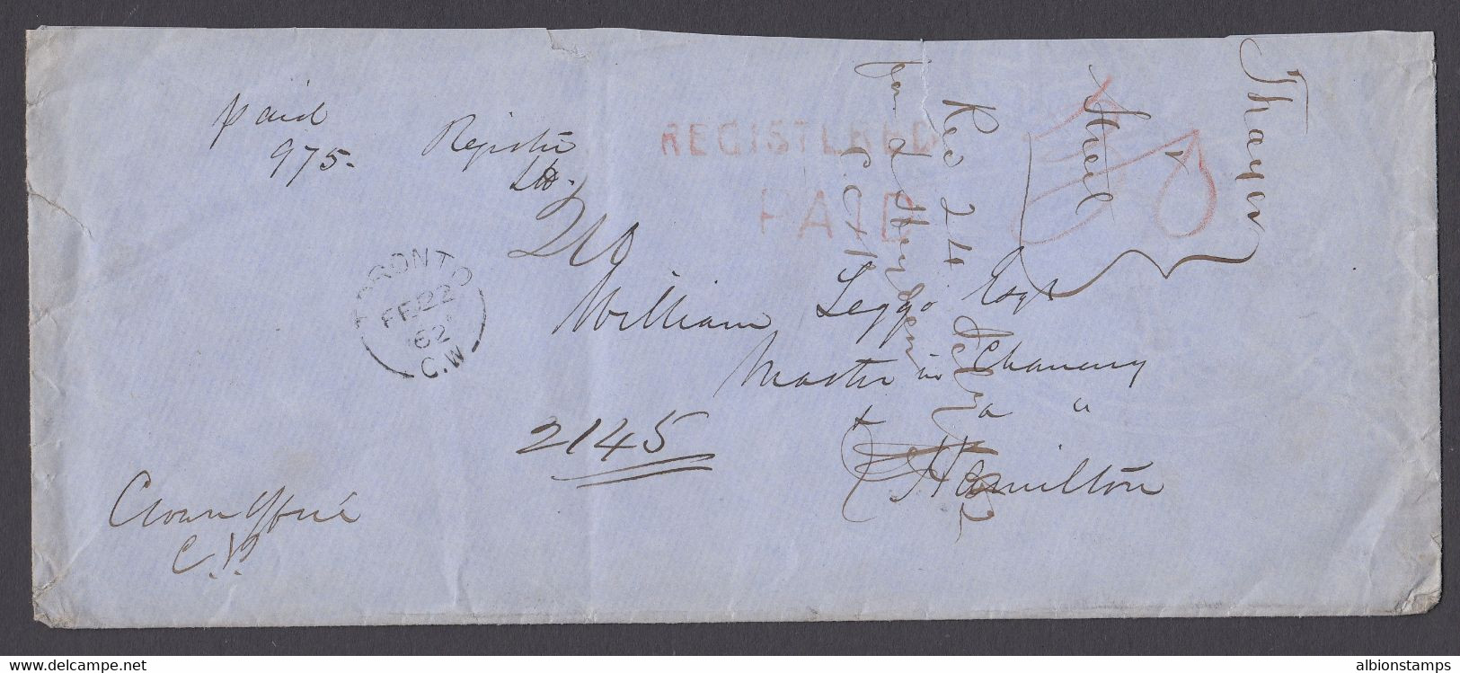 Canada 1862 Stampless Cover, Toronto Registered Paid To Hamilton - ...-1851 Voorfilatelie