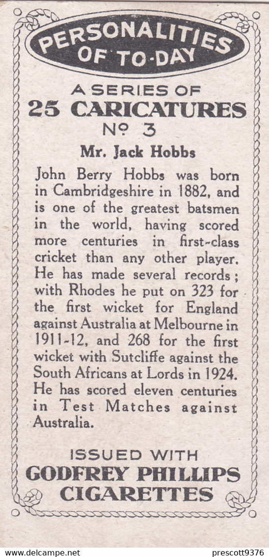 3 Jack Hobbs  - Cricket  - Personalities Of Today, Caricatures 1932 -  Phillips Cigarette Card - Original - Phillips / BDV