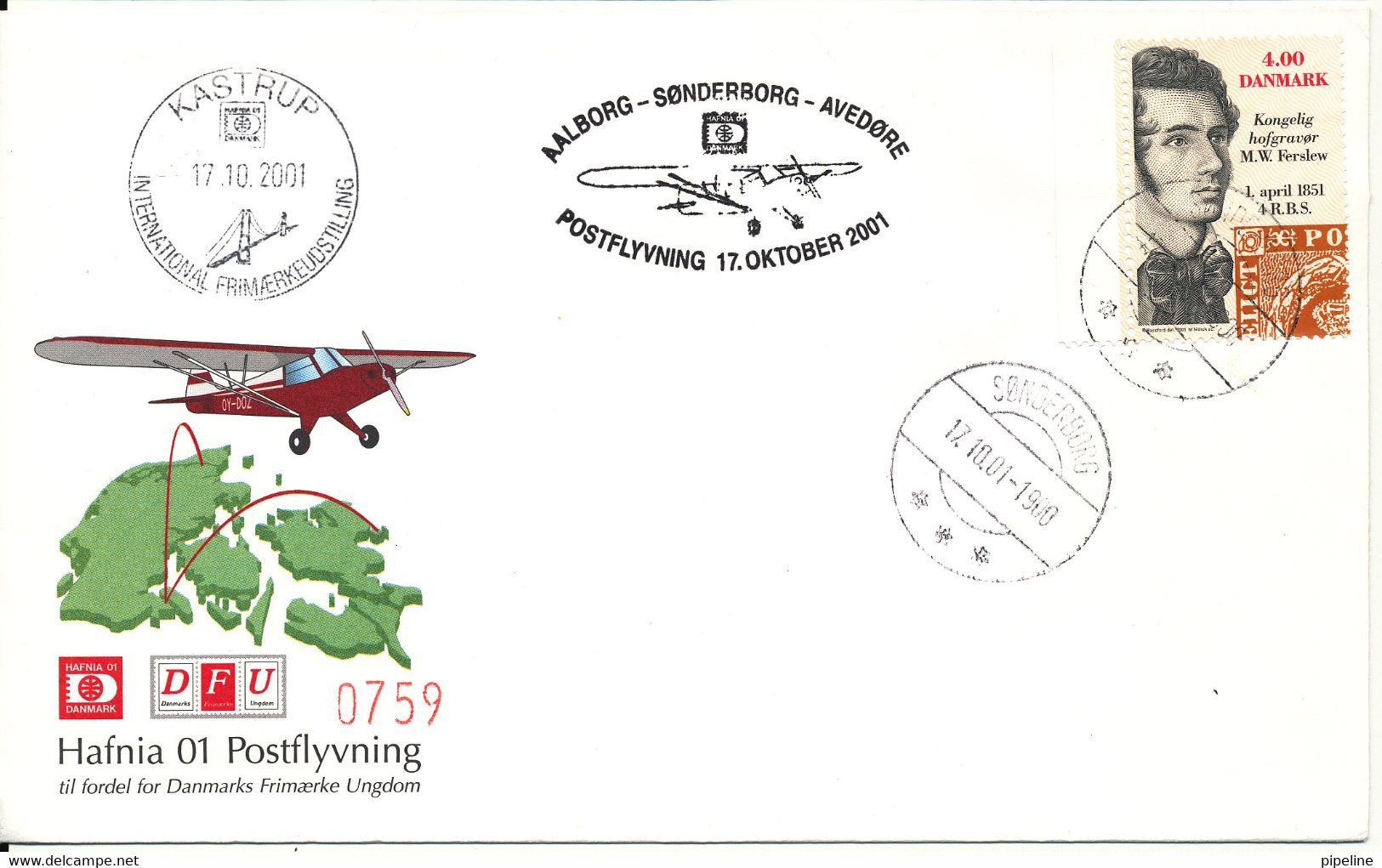 Denmark Flight Cover Hafnia 01 Aalborg - Sönderborg - Avedöre 17-10-2001 With Stamp From Minisheet Sönderborg 17-10-2001 - Briefe U. Dokumente