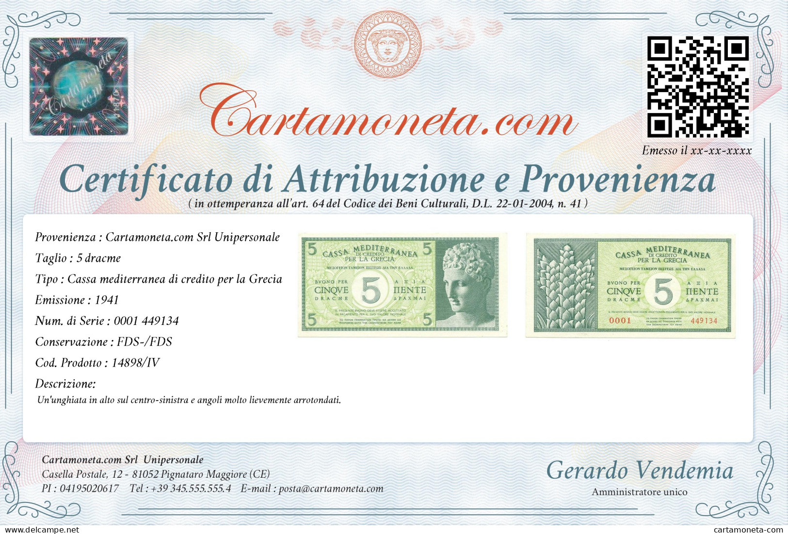 5 DRACME CASSA MEDITERRANEA DI CREDITO PER LA GRECIA 1941 FDS-/FDS - Other & Unclassified