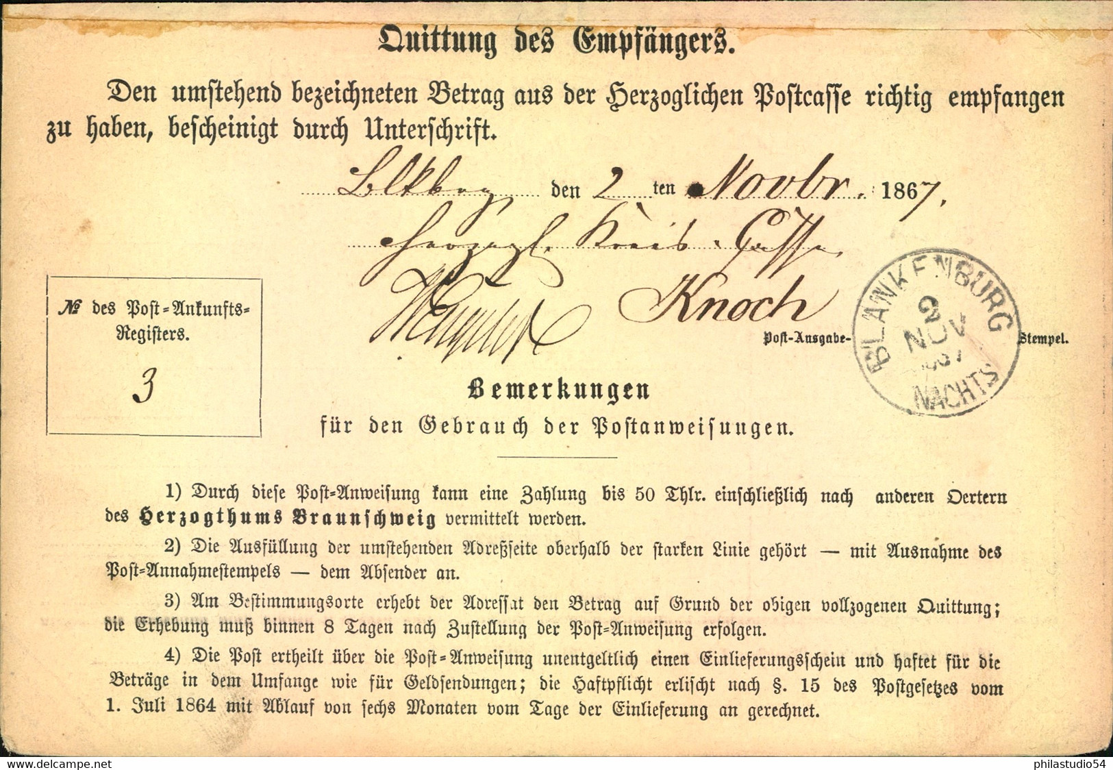 1867, Postschein Mit Blauem Stempel "HASSELFEDE Nach Blankenburg - Brunswick