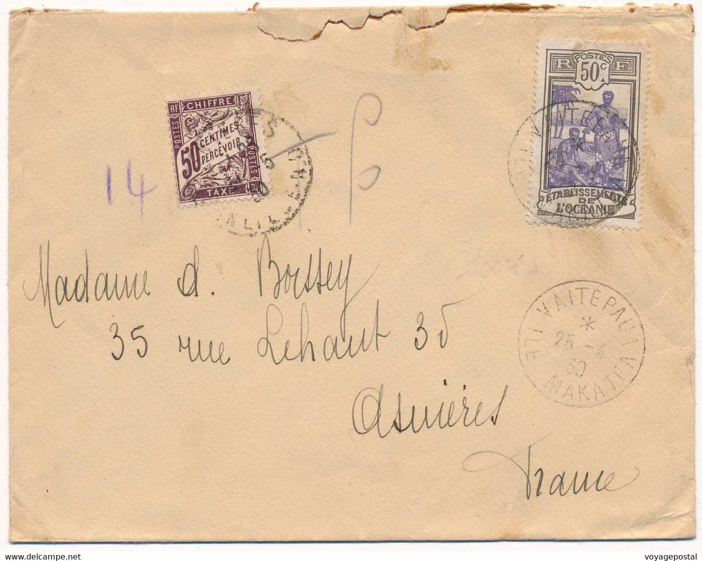 LETTRE OCEANIE VAITEPAUA ILE MAKATEA TIMBRE TAXE DUVAL 50C COVER - Covers & Documents