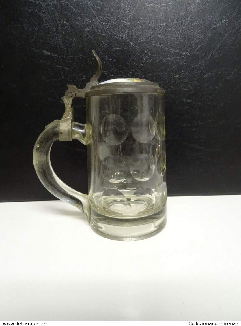 Boccale birra in vetro con tappo porcellana decorata - fine '800 Germania