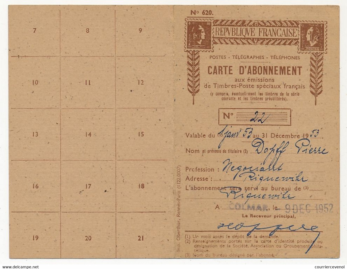 Carte d'abonnement aux Timbres-poste spéciaux français, affr 500F P.A Marseille, obl Colmar R.P 10/12/1952