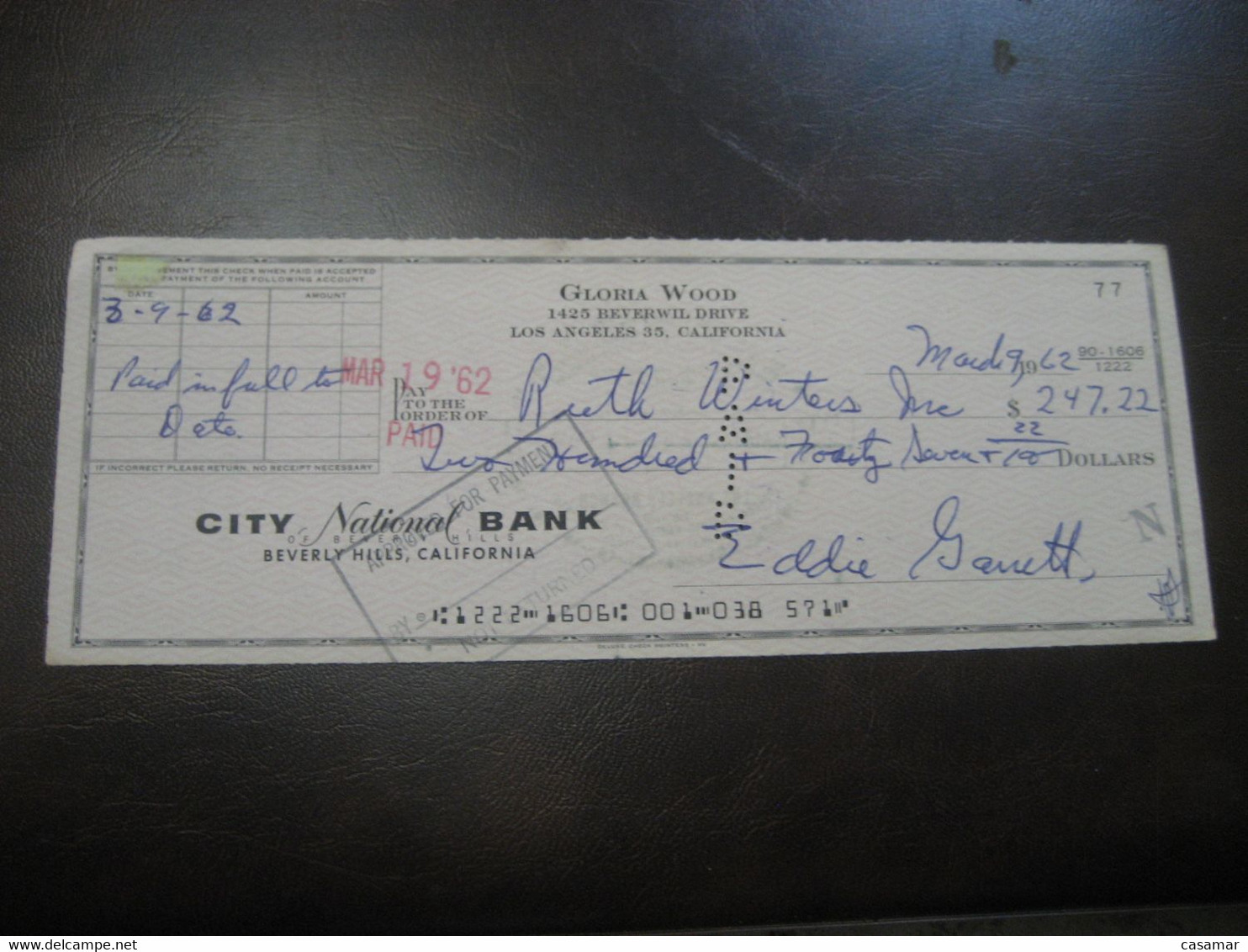 Gloria Wood LOS ANGELES 1962 City National Bank Beverly Hills California Check Bank Note USA - Unclassified