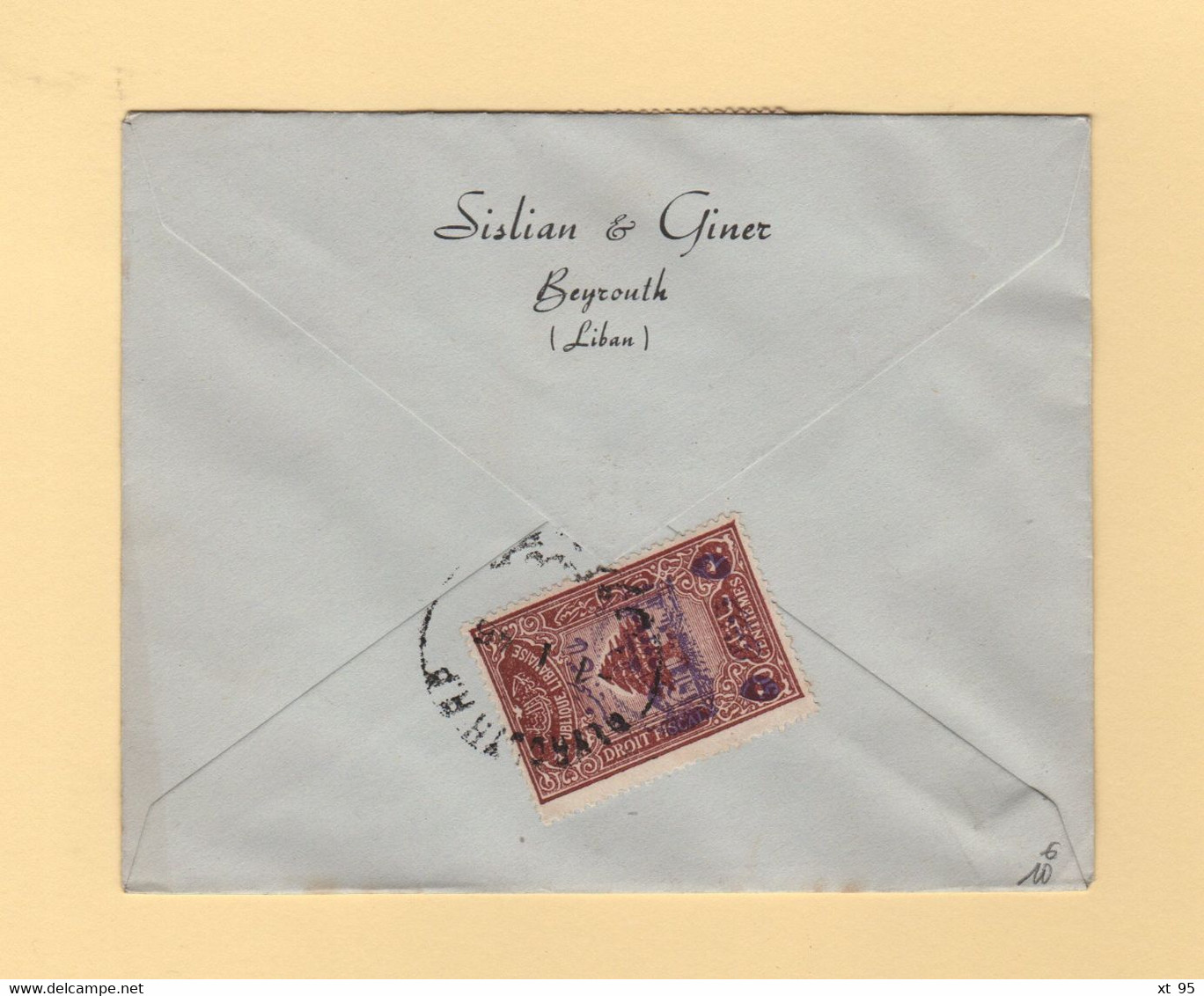 Liban - Beyrouth - 1945 - Par Avion Destination France - Timbre Fiscal Surtaxe Armee - Lebanon