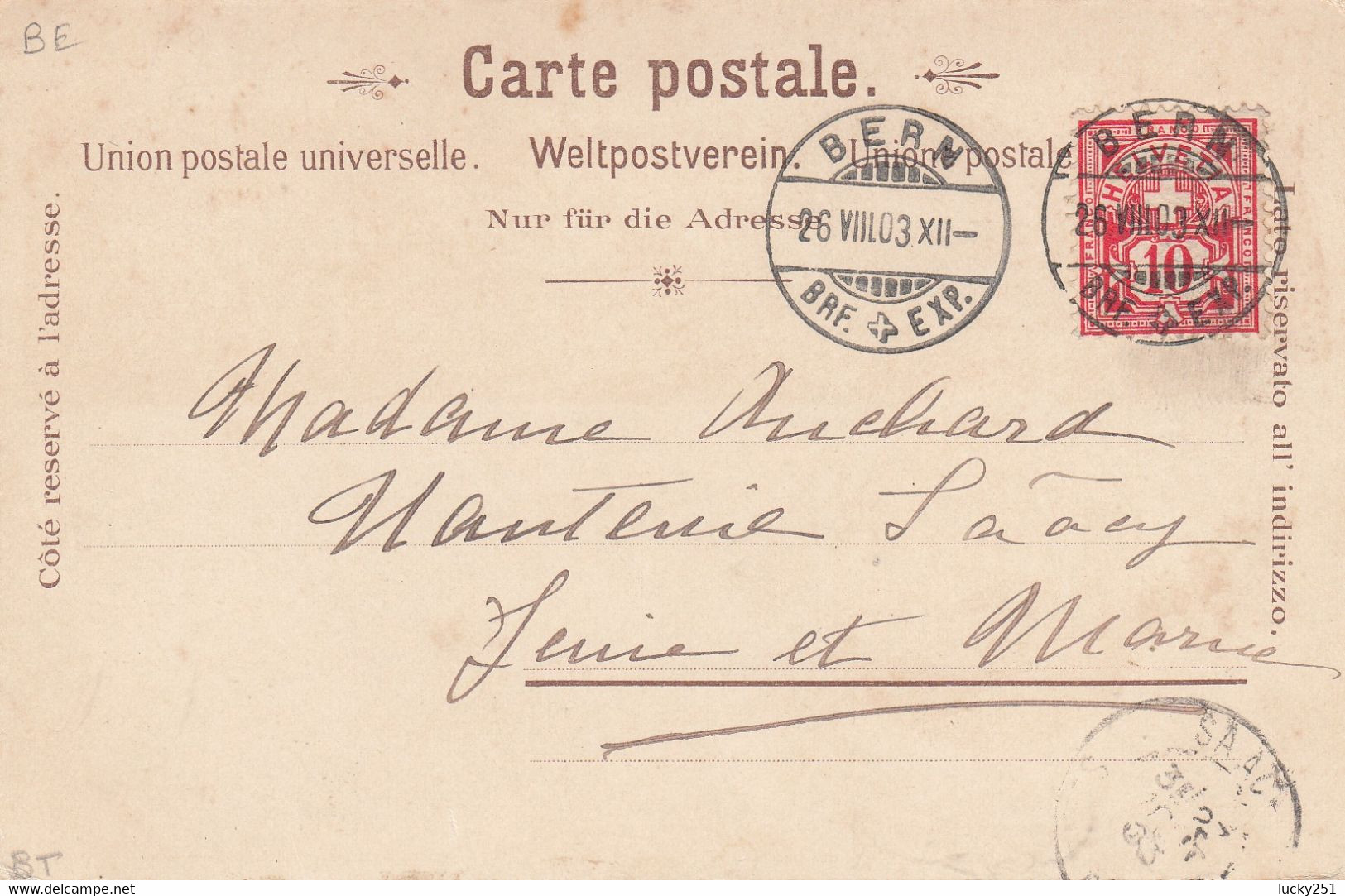 Suisse - Hôtel - Berne - Hôtel Belle Vue - Circulée 26/08/1903 - Litho
