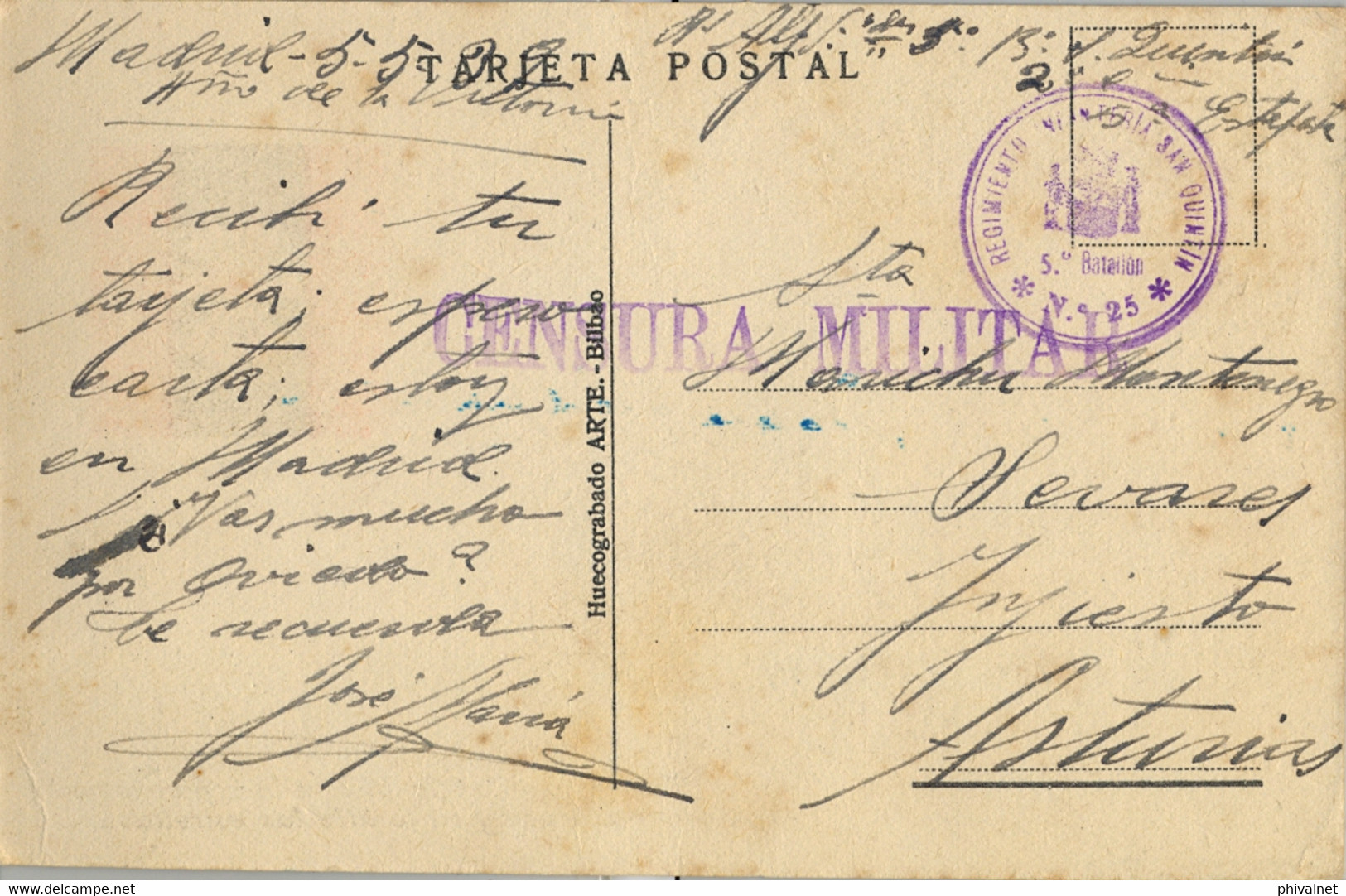 1938 , T.P. CIRCULADA , MADRID - SEVARES ( ASTURIAS ) , CENSURA MILITAR , FRANQUICIA REG. INFANTERIA SAN QUINTÍN , 5º BT - Covers & Documents